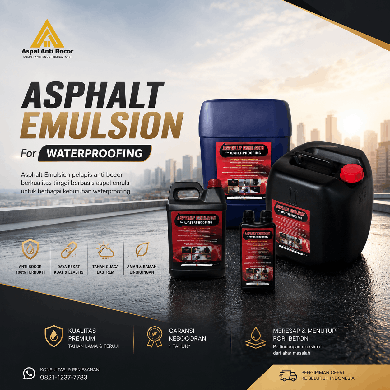 Aspal cair anti bocor Asphalt Emulsion kemasan 1 kg, 5 kg, 20 kg dan 25 kg