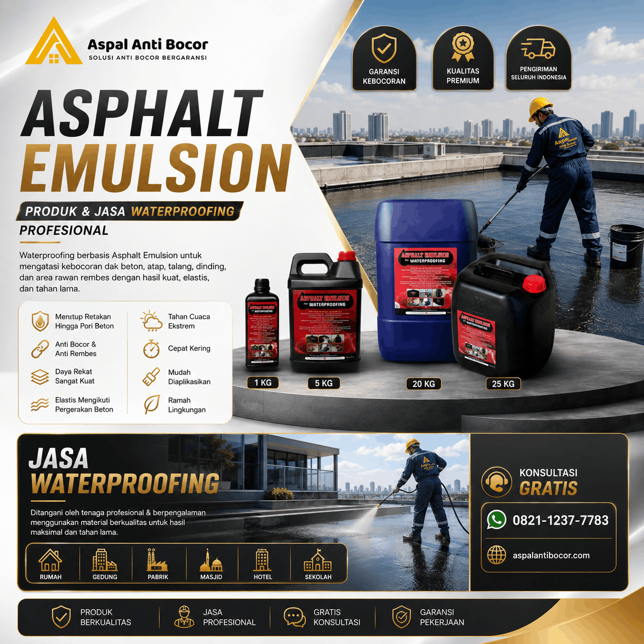 Aspal cair anti bocor Asphalt Emulsion kemasan 1 kg, 5 kg, 20 kg dan 25 kg